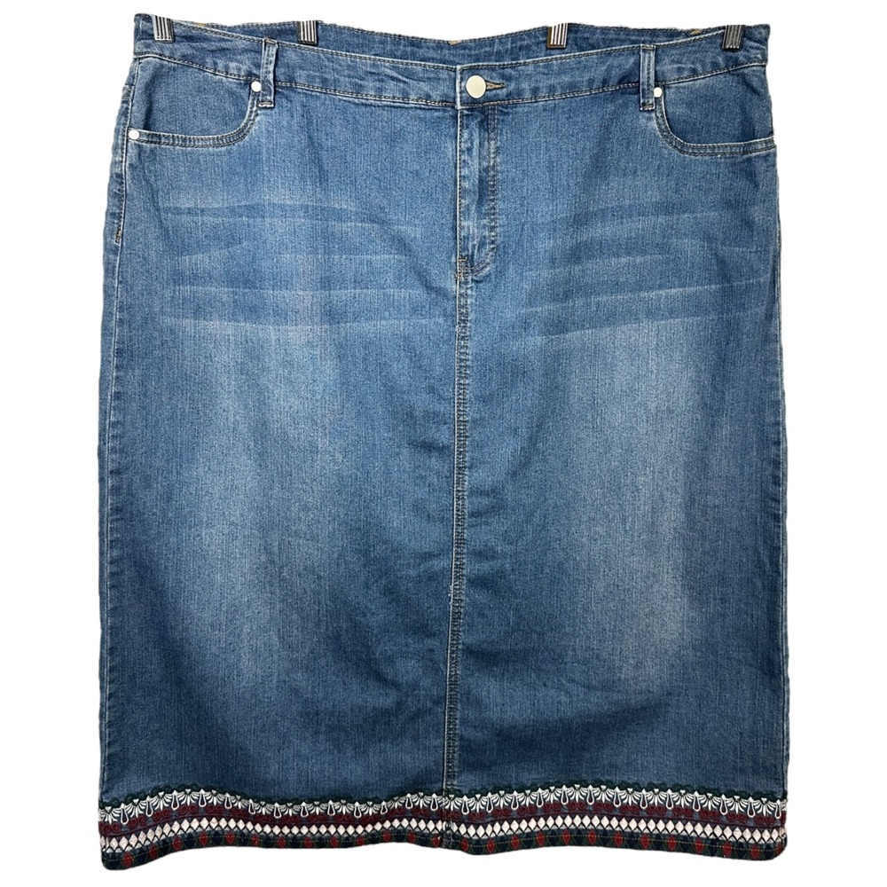 CJ Banks Plus Size‎ 24W Denim Skirt Embroidered Hem Knee Length Blue Jean 1454